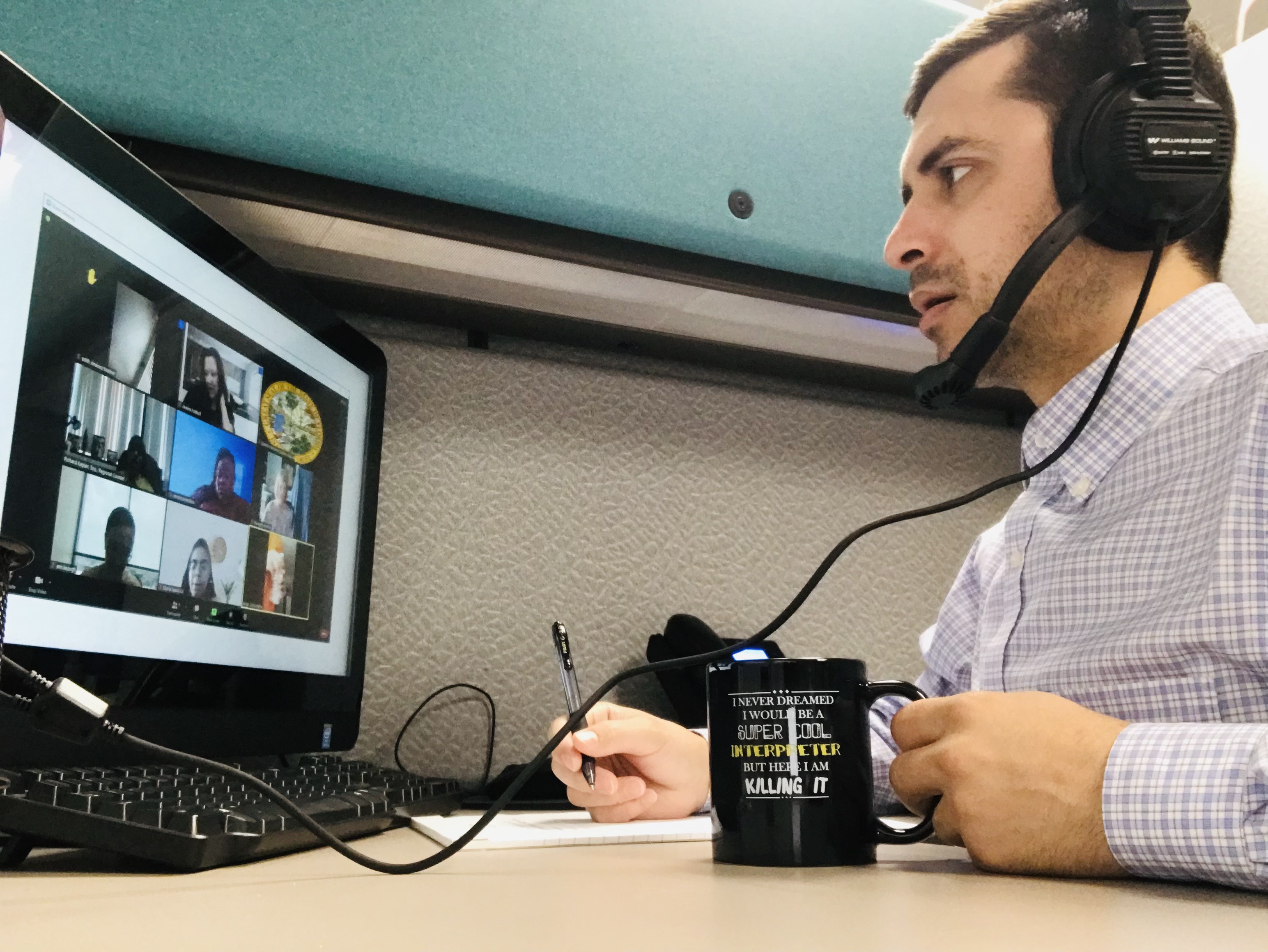 The Seventeenth Circuit has been using Zoom for proceedings requiring court interpreters; pictured here is Spanish language interpreter Zach Shapiro.