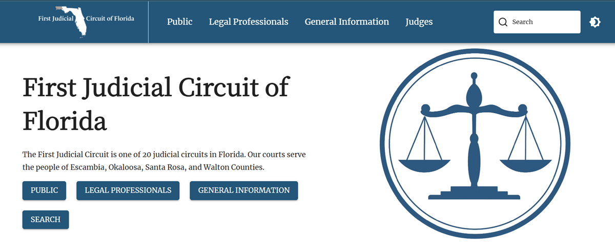 Image of the new home page of the First Judicial Circuit. http://www.firstjudicialcircuit.org/