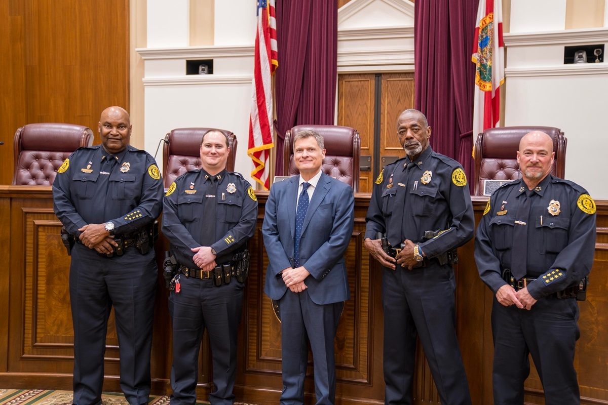 Photo of the Chief Justice, the Marshal, and three deputies who were promoted in rank.
