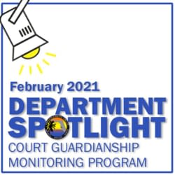 This image is an illustration of a flowing spotlight for the February 2021 Department Spotlight featuring the Court Guardianship Monitoring Program