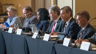 Members of the Florida Commission on Access to Civil Justice during the commission&rsquo;s August 9, 2018, meeting in Pensacola (l - r): Ms Robin Hassler Thompson, Mr. Dominic C. &ldquo;Donny&rdquo; MacKenzie, Judge Alicia L. Latimore (Ninth Circuit), Judge Terence R. Perkins (Seventh Circuit), Justice Jorge Labarga, and Senior Judge Olin Shinholser (Tenth Circuit). (photo courtesy of Pensacola News Journal)