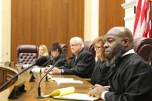 Listening to the mock oral arguments are (l–r) Ms Jenny Gulli, of Osceola Creek Middle School; Dr. Marjorie Chiarolanzio, of Oxbridge Academy; Mr. Charles Leadingham, of Bell Creek Academy; Ms Lorun Austin, of Cocoa Junior/Senior High School; and Mr. Michael Rogers, of Lake Asbury Junior High School.